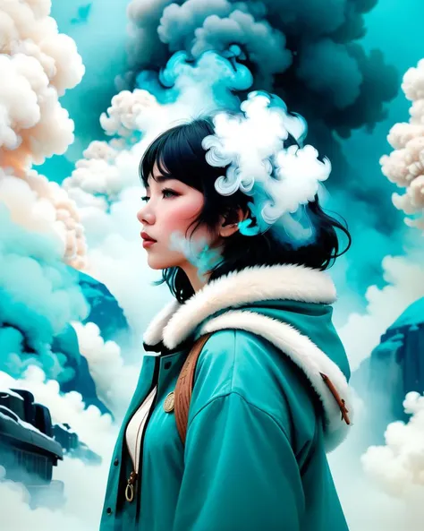 surrounded by smoke, stylized by wlop, ilya kuvshinov, greg rutkowski and alphonse mucha, concept art, Inuit (imagawayaki:1.3) , Plush and Charismatic, inside a Highway, Turquoise space, 64K, Snowing, unreal engine, Academism, 35mm, extremely beautiful, pixiv, anime key visual, rich colors, <lora:dvr-smk:1>