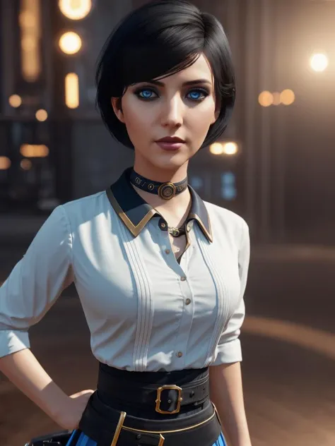 <lora:elizabethbioshock:0.7>,woman,black hair,(blue eyes:0.8),white blouse,short hair, steampunk eye-catching blue skirt, beautiful, dark background:0.8, deviantart, artstation, FAN ART, Unreal Engine, face enhance,8K, golden ratio, cinematic lighting H 704