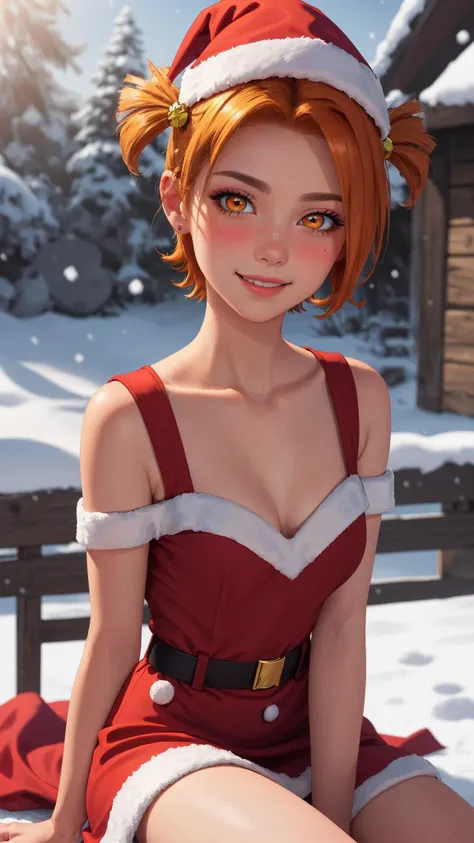 (best quality, masterpiece, perfect face, beautiful and aesthetic:1.2, colorful, highest detailed face), <lora:AliceLoraV2SD1_5V2:0.7>, alicedv, short twintails, orange hair, orange eyes, hair ornament, medium breasts, 1girl, solo, short hair, red santa dress, santa hat, cozy, warm light, cute, snowing, legs, outside, night , highres, rtx, HDR, atmospheric, light smile, shjy blush, pink lips, eyes black makeup, (official art, extreme detailed, highest detailed)