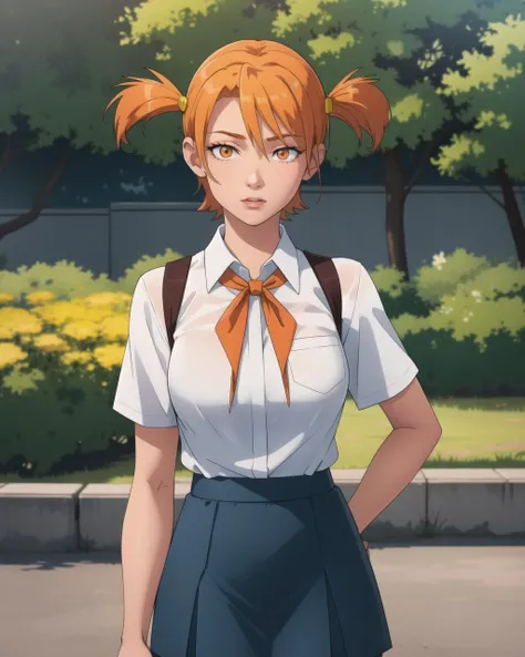 masterpiece, best quality, orange eyes, orange hair, short hair, short twintails, medium breasts, blue skirt, (white collared shirt), red neckerchief, standing, outdoors, <lora:AliceLoraV1:0.8>