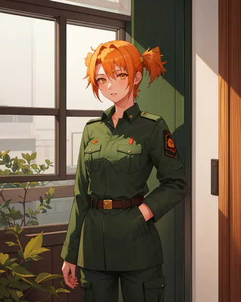 masterpiece, best quality, orange eyes, 1girl, female, orange hair, short hair, short twintails, green military coat, green military shirt, green military pants, standing, indoors, room, cowboy shot, <lora:AliceLoraV1:0.8>