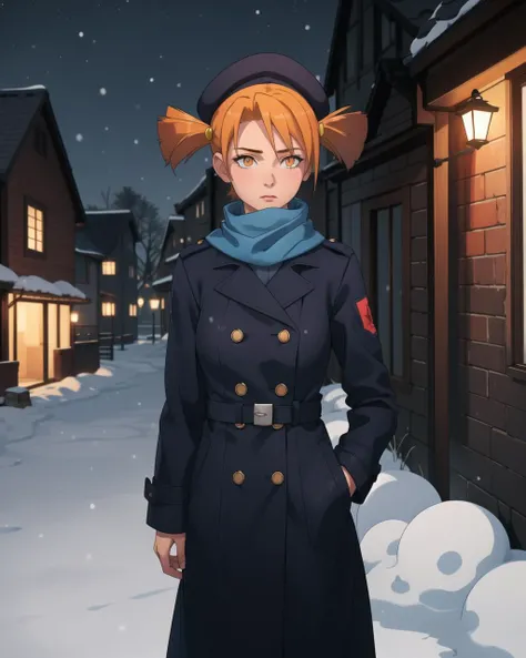 masterpiece, best quality, orange eyes, 1girl, female, orange hair, short hair, short twintails, dark purple long coat, blue scarf, winter hat, standing, outdoors, street, winter, night, snow, cowboy shot, <lora:AliceLoraV1:0.8>