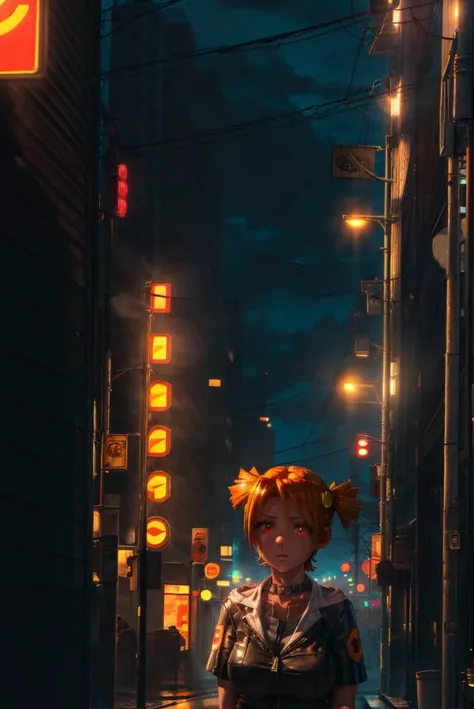 upperbody, portrait, pretty face, alicedv, short twintails, orange hair, orange eyes, hair ornament, 1girl, solo, short hair, huge breasts, outdoors, cyberpunk, city, neon signs, neon light, garbage on the street, poverty, overcast, cinematic lighting, chiaroscuro, absurdres, volumetric lighting, (detailed background, complex background:1.2) , masterpiece, (super detailed), <lora:add_detail:0.5> <lora:hairdetailer:0.6> <lora:AliceLoraV2SD1_5V2:1>