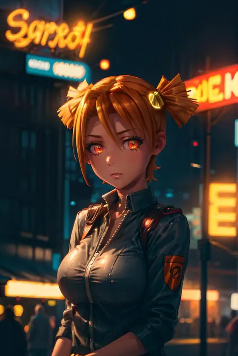 close up, upperbody, portrait, pretty face, alicedv, short twintails, orange hair, orange eyes, hair ornament, 1girl, solo, short hair, huge breasts, outdoors, cyberpunk, city, neon signs, neon light, garbage on the street, poverty, overcast, cinematic lighting, chiaroscuro, absurdres, volumetric lighting, (detailed background, complex background:1.2) , masterpiece, (super detailed), <lora:add_detail:0.5> <lora:hairdetailer:0.6> <lora:AliceLoraV2SD1_5V2:1>