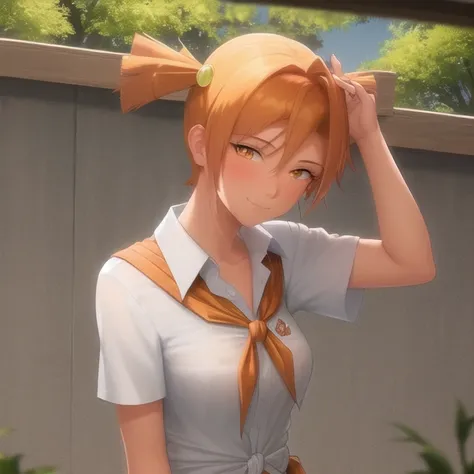 (AliceDv:1.1), 1girl, solo, orange hair, letterboxed, short twintails, short hair, (top tied shirt:1.1), cleavege blush, hair ornament, outdoors, sky, white shirt, tree, orange eyes, collared shirt, looking at viewer, school uniform, closed mouth, bangs, anime coloring, smile, (Anfas:1.1)