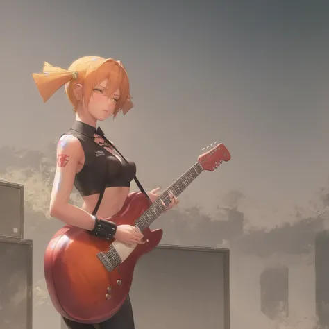 (AliceDv:1.1), 1girl, solo, orange hair, short twintails, medium breast, orange eyes, short twintails, masterpiece, best quality, highly detailed, a girl wearing (punk clothes:1.3) playing on electro guitar on a street stage of rock concert, guitar solo, dynamic pose, full body, (windy hair)