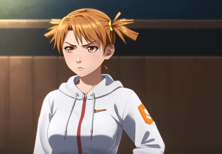 ((masterpiece)), ((best quality)), highres, lots of details, anime screencap, 1girl, , screencap, solo, from afar, sweatshirt, modern city, short hair, outside, orange hair, orange eyes, twintails (medium breasts:1.2), nose, (re zero), serious, sleeves, ((AliceDv)), detailed eyes