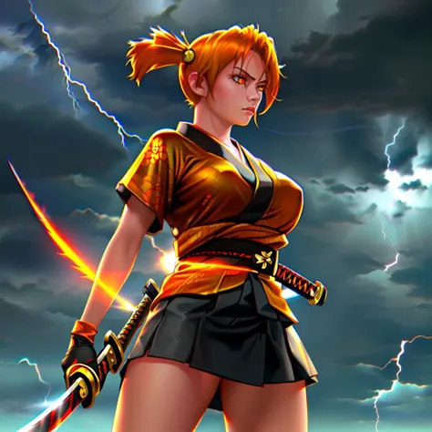 <lora:alicelora_v1:0.7>, 1girl, twintails, short twintails, orange hair, orange eyes, golden eyes, hair ornament, medium , close plan, beautiful legs, (fighting posture), tense face, malice, (katana), (glowing blade), ((katana in hand)), (glowing katana), ready to fight, kimono, ((thunderstorm on the background)), clouds with flashes of lightning, bright lightning, realistic, best quality,masterpiece,highres, (chromatic aberration),