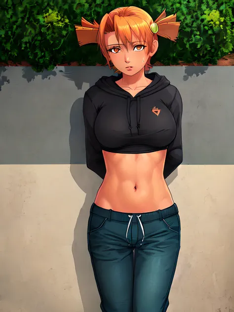 1girl, AliceDv, short twintails, ORANGE HAIR, ORANGE EYES, HAIR ORNAMENT, official art, (( mori calliope ), large breasts, messy hair, bursting breasts), (1girl, solo), looking at viewer, parted lips, ((crop top, hoodie, leaning back )), sweatpants, (athletic clothing, outdoors, park, sidewalk), (((pants pull, lowleg pants, mascara, arms behind back, crop top overhang, loose clothes ))), long sleeves, (( contrapposto, standing )), no panties, groin, groin tendon <lora:AliceLoraV1:1>