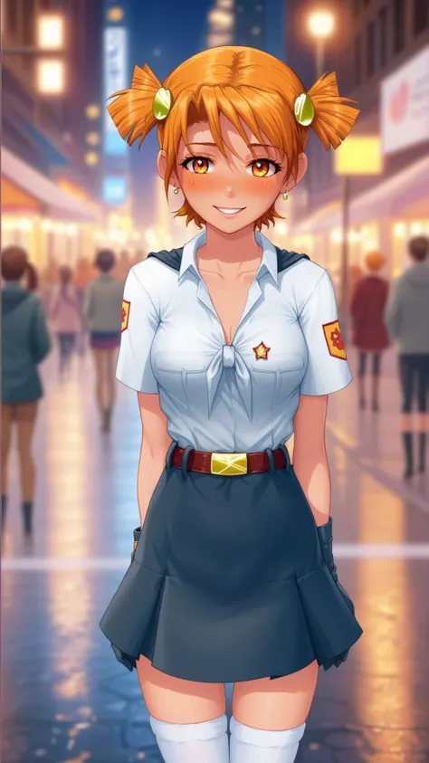 best quality,highly detailed,masterpiece,detailed face,beautiful face,detailed eyes,deep eyes,groin,1girl,solo,navel,earrings,(smile:0.8),elbow gloves,city,sidewalk,thighboots,breasts,necklace,jewelry,thighhighs,night,city lights,bokeh,4k,<lora:AliceLoraV2SDXL:1>,AliceDV,orange hair,orange eyes,short twintails,hair ornament,short dress,misty soft colors,faded,