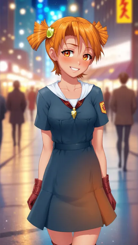 best quality,highly detailed,masterpiece,detailed face,beautiful face,detailed eyes,deep eyes,groin,1girl,solo,navel,earrings,(smile:0.8),elbow gloves,city,sidewalk,thighboots,breasts,necklace,jewelry,thighhighs,night,city lights,bokeh,4k,<lora:AliceLoraV2SDXL:1>,AliceDV,orange hair,orange eyes,short twintails,hair ornament,short dress,misty soft colors,faded,