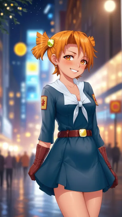 best quality,highly detailed,masterpiece,detailed face,beautiful face,detailed eyes,deep eyes,groin,1girl,solo,navel,earrings,(smile:0.8),elbow gloves,city,sidewalk,thighboots,breasts,necklace,jewelry,thighhighs,night,city lights,bokeh,4k,<lora:AliceLoraV2SDXL:1>,AliceDV,orange hair,orange eyes,short twintails,hair ornament,short dress,misty soft colors,faded,