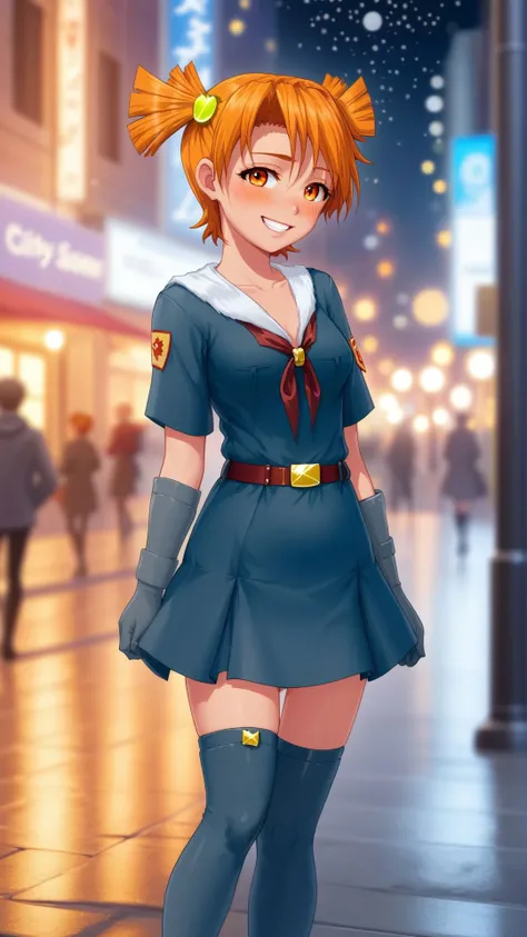 best quality,highly detailed,masterpiece,detailed face,beautiful face,detailed eyes,deep eyes,groin,1girl,solo,navel,earrings,(smile:0.8),elbow gloves,city,sidewalk,thighboots,breasts,necklace,jewelry,thighhighs,night,city lights,bokeh,4k,<lora:AliceLoraV2SDXL:1>,AliceDV,orange hair,orange eyes,short twintails,hair ornament,short dress,misty soft colors,faded,