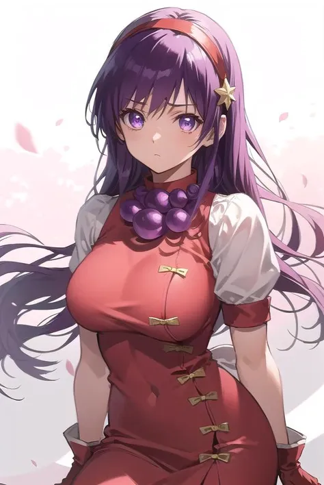 athenaasamiya, <lora:athena asamiya kof 98-lora-nochekaiser:1>,
athena asamiya, long hair, hair ornament, (purple eyes:1.1), purple hair, hairband, star \(symbol\), star hair ornament, red hairband,
BREAK gloves, jewelry, pants, fingerless gloves, necklace, bead necklace, chinese clothes, dress, red dress, puffy sleeves, short sleeves, white sleeves, red gloves,
BREAK outdoors,
BREAK cowboy shot, looking at viewer,
BREAK <lyco:GoodHands-beta2:1>, (masterpiece:1.2), best quality, high resolution, unity 8k wallpaper, (illustration:0.8), (beautiful detailed eyes:1.6), extremely detailed face, perfect lighting, extremely detailed CG, (perfect hands, perfect anatomy),