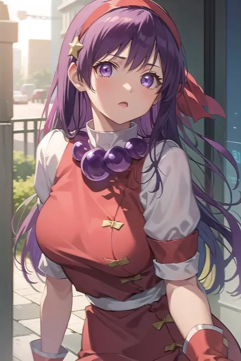 athenaasamiya, <lora:athena asamiya kof 98-lora-nochekaiser:1>,
athena asamiya, long hair, hair ornament, (purple eyes:1.1), purple hair, hairband, star \(symbol\), star hair ornament, red hairband,
BREAK gloves, jewelry, pants, fingerless gloves, necklace, bead necklace, chinese clothes, dress, red dress, puffy sleeves, short sleeves, white sleeves, red gloves,
BREAK outdoors,
BREAK cowboy shot, looking at viewer,
BREAK <lyco:GoodHands-beta2:1>, (masterpiece:1.2), best quality, high resolution, unity 8k wallpaper, (illustration:0.8), (beautiful detailed eyes:1.6), extremely detailed face, perfect lighting, extremely detailed CG, (perfect hands, perfect anatomy),
