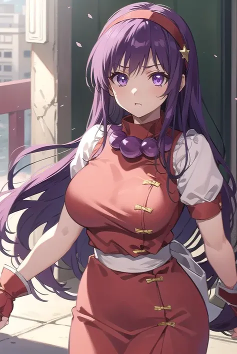 athenaasamiya, <lora:athena asamiya kof 98-lora-nochekaiser:1>,
athena asamiya, long hair, hair ornament, (purple eyes:1.1), purple hair, hairband, star \(symbol\), star hair ornament, red hairband,
BREAK gloves, jewelry, pants, fingerless gloves, necklace, bead necklace, chinese clothes, dress, red dress, puffy sleeves, short sleeves, white sleeves, red gloves,
BREAK outdoors,
BREAK cowboy shot, looking at viewer,
BREAK <lyco:GoodHands-beta2:1>, (masterpiece:1.2), best quality, high resolution, unity 8k wallpaper, (illustration:0.8), (beautiful detailed eyes:1.6), extremely detailed face, perfect lighting, extremely detailed CG, (perfect hands, perfect anatomy),