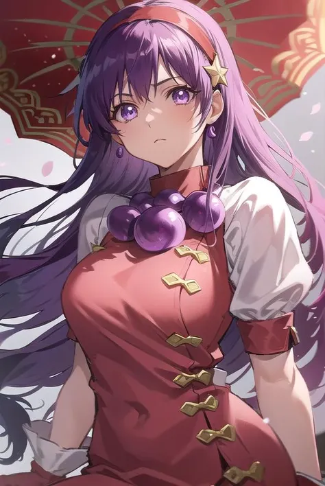 athenaasamiya, <lora:athena asamiya kof 98-lora-nochekaiser:1>,
athena asamiya, long hair, hair ornament, (purple eyes:1.1), purple hair, hairband, star \(symbol\), star hair ornament, red hairband,
BREAK gloves, jewelry, pants, fingerless gloves, necklace, bead necklace, chinese clothes, dress, red dress, puffy sleeves, short sleeves, white sleeves, red gloves,
BREAK outdoors,
BREAK cowboy shot, looking at viewer,
BREAK <lyco:GoodHands-beta2:1>, (masterpiece:1.2), best quality, high resolution, unity 8k wallpaper, (illustration:0.8), (beautiful detailed eyes:1.6), extremely detailed face, perfect lighting, extremely detailed CG, (perfect hands, perfect anatomy),