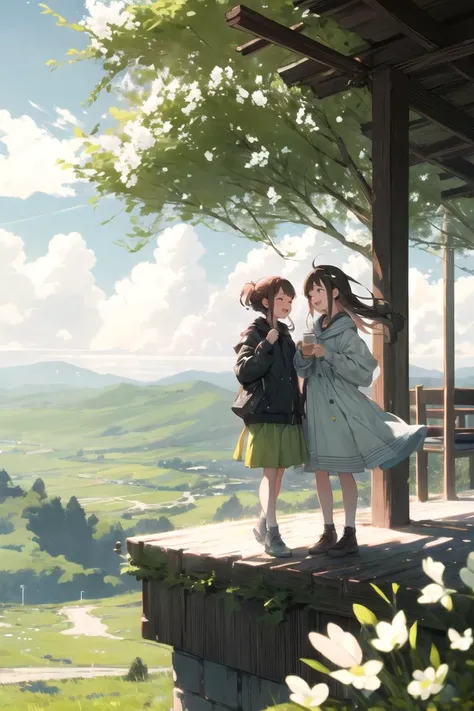 (best quality, ultra detailed), 2girls, overlooking, spring, cafe, happy, wind, fresh green tone, gap,