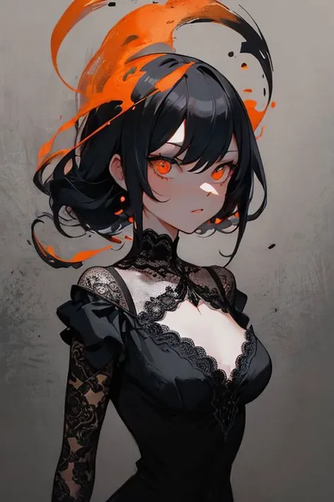 black charcoal with orange inks, seductive female portrait with lace filigrees on black canvas illustration, 8k, D850, 3/4 body view, dynamic composition, dynamic background