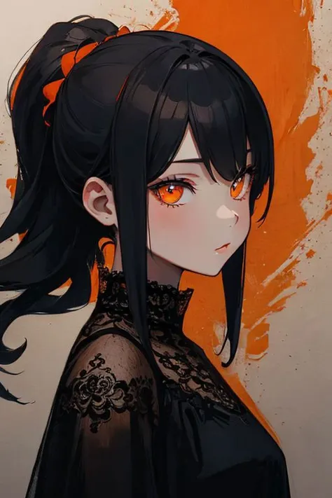 black charcoal with orange inks, seductive female portrait with lace filigrees on black canvas illustration, 8k, D850, 3/4 body view