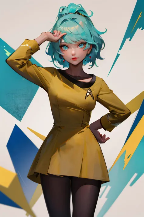 (masterpiece:1.1), (highest quality:1.1), (HDR:1.0), (1girl), aqua hair, (startrektos yellow  dress:1.3), detailed eyes, looking at viewer <lora:TOSV3:0.8>