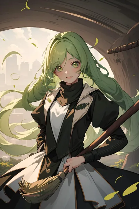 (best quality, highres, HDR, masterpiece:1.1), (young adult woman, 1girl, solo, happy face:1.1), (solid_oval_eyes:1), (green_hair, very_long_hair, drill_hair:1), (fit body:1), (thrilling broom, ideal worm:1.3), stunning,