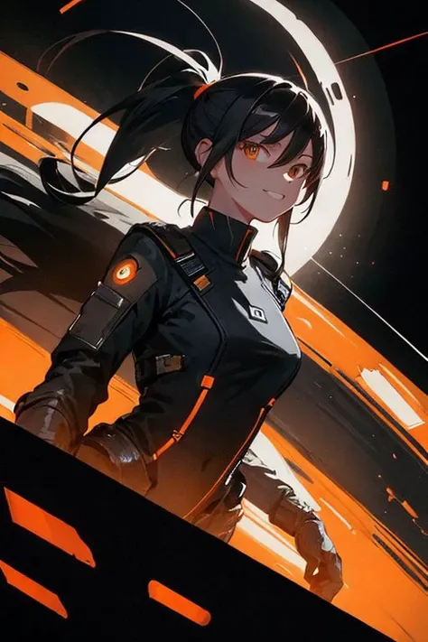 black with orange inks, female portrait with lace filigrees on black canvas illustration, 8k, D850, dynamic pose, dynamic angle, looking at viewer, slight smile, fast shutter speed, ponytail, professional lighting, sleek scifi spaceship jumpsuit