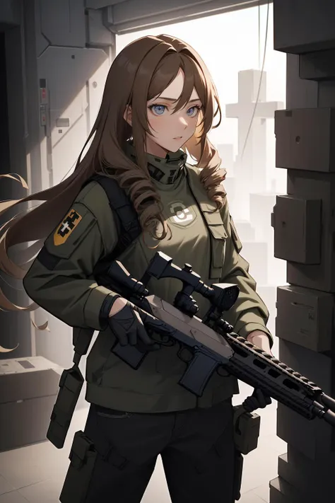 (best quality, highres, HDR, masterpiece:1.1), (adult girl, 1girl, solo, :d:1.1), (solid_circle_eyes:1), (brown_hair, very_long_hair, drill_hair:1), (fit body:1), (proficient cross, handsome assault rifle:1.3), perfect face,