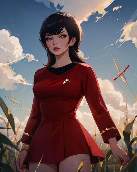 (red startrektos dress:1.3),(best quality:1.0), (ultra highres:1.0),1girl ,in a field of corn,shiny sky,clouds in shape of spaceship<lora:TOSV3:0.9>
