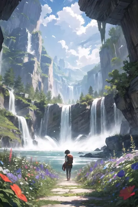 (best quality, ultra detailed), fantasy, rpg, landscape, idyllic, gap, 1girl, adventurer, backpack, pants, short hair, sky, natural tunnel in the cliff, waterfall, wind, flower garden, blizzard of flowers, <lora:add_detail:0.5>