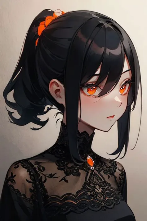 black charcoal with orange inks, seductive female portrait with lace filigrees on black canvas illustration, 8k, D850, 3/4 body view