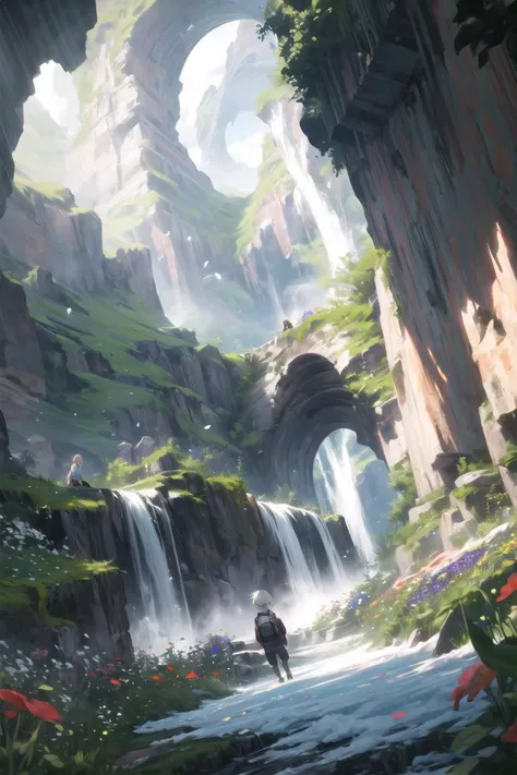(best quality, ultra detailed), fantasy, rpg, landscape, idyllic, gap, dutch angle, 1girl, adventurer, backpack, pants, short hair, sky, natural tunnel in the cliff, waterfall, wind, flower garden, blizzard of flowers, <lora:add_detail:0.5>