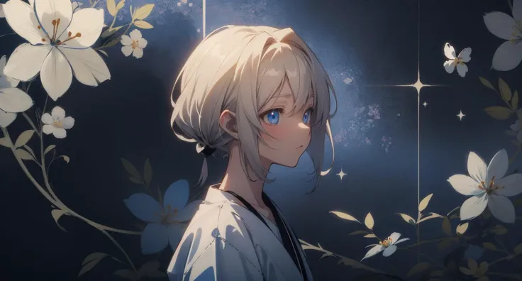 anime opening, (1girl), solo, a dreamscape aesthetic in Cobalt blue theme atmosphere, mosaic background, happy, floral, (wallpaper style), trailer, cinematic, screencap, still shot, true perception, comfortable