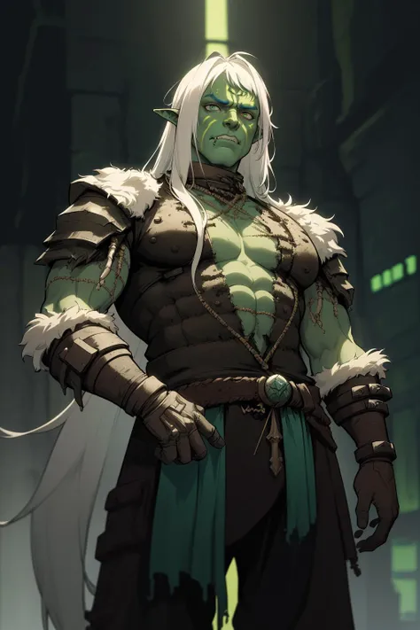 (high quality, best quality, absurdres, highres, masterpiece:1.1), (cyberpunk fantasy world, orc, green_skin:1), (prime adult boy, 1boy, solo, disgusted face:1.1), (kind shaman, wearing shaman costume:1), (two-tone_eyes:1), (white_hair, very_long_hair, flipped_hair:1), (chubby body:1), (on remote dungeon:1.1),