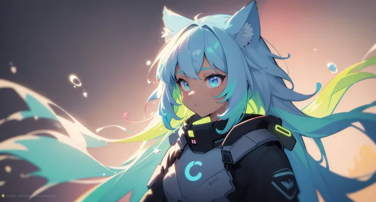 thick outlines, line-art, (neon colors, colorful, best colors), masterpiece, high quality, highres, scene, contour, silhouette, (saturated), golden hour, high contrast, hologram girl closeup with soft fur trim, (hair whiskers), (complimentary colors, triadic colors, splash art:1.28)