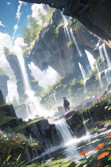 (best quality, ultra detailed), fantasy, rpg, landscape, idyllic, gap, dutch angle, 1girl, adventurer, backpack, pants, short hair, sky, natural tunnel in the cliff, waterfall, wind, flower garden, blizzard of flowers, <lora:add_detail:0.5>