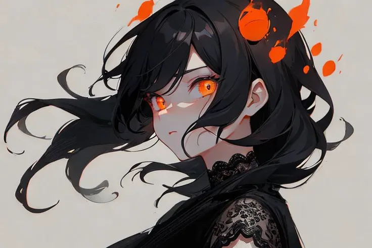 black charcoal with orange inks, seductive female portrait with lace filigrees on black canvas illustration, 8k, D850, 3/4 body view, dynamic composition, dynamic background