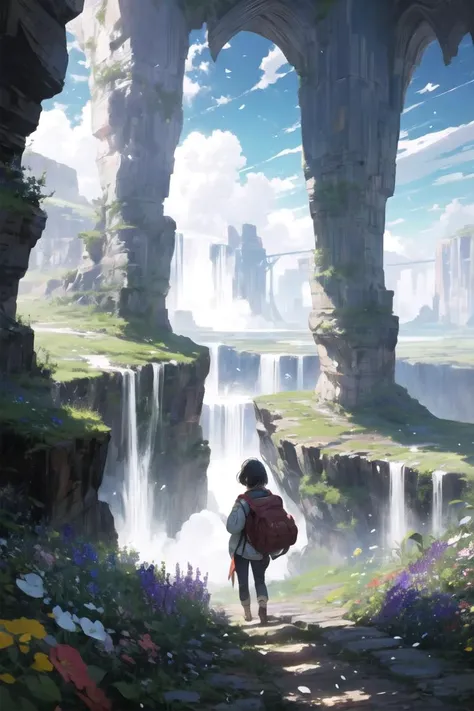(best quality, ultra detailed), fantasy, rpg, landscape, idyllic, gap, 1girl, adventurer, backpack, pants, short hair, sky, natural tunnel in the cliff, waterfall, wind, flower garden, blizzard of flowers, <lora:add_detail:0.5>