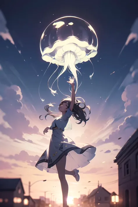 (best quality, ultra detailed), 1girl, solo, looking up, town, floating, jellyfish, sky, natural lighting, depth of field