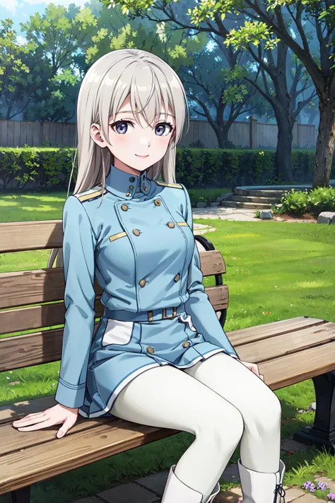 masterpiece,best quality,highres,ultra-detailed,aaeila,(purple eyes:0.5),long hair,light blue uniform,white pantyhose,white boots,<lora:eila_ilmatar_juutilainen:0.7>,outdoors,bench, sitting, smile,
