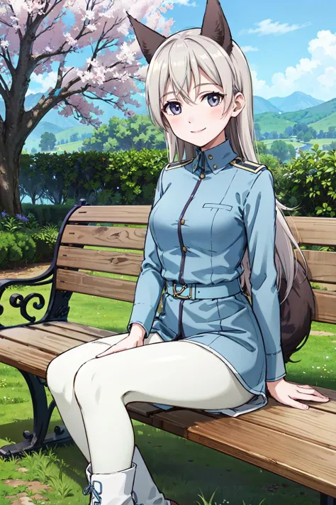 masterpiece,best quality,highres,ultra-detailed,aaeila,fox girl,(purple eyes:0.5),long hair,fox ears,light blue uniform,white pantyhose,(fox tail:1.2),white boots,<lora:eila_ilmatar_juutilainen:0.7>,outdoors,bench,sitting,smile,