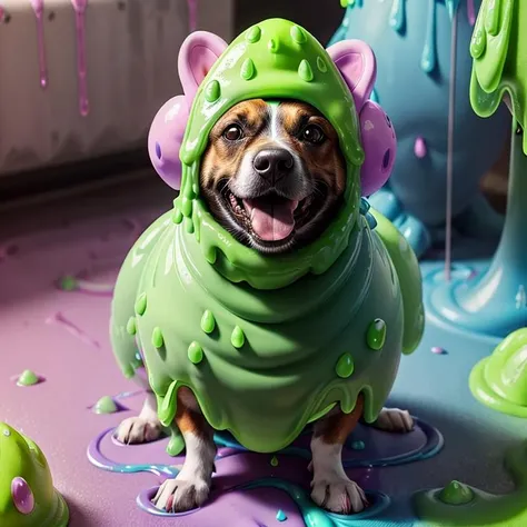 (dog wearing a slime costume:1.25), multicolored, <lora:paintpop:0.71>, paintpop, cute face, perfect face, rtx on, ray tracing enabled, 3d render, octane render