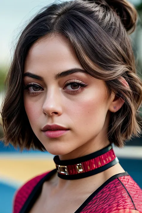 beautiful woman (Ros4S4l4z4r:.99), beautiful hair, (( Faux bob)), ((portrait)), (closeup:1.2), ((from the waist up)), ((( A vibrant urban sports park, featuring skateboarding, parkour, and BMX facilities for adrenaline-pumping activities ))), natural skin texture, (( Portrait Collar Dress )), 24mm, 4k textures, soft cinematic light, adobe lightroom, photolab, hdr, intricate, elegant, highly detailed, sharp focus, ((((cinematic look)))), soothing tones, insane details, intricate details, hyperdetailed, low contrast, soft cinematic light, exposure blend, hdr, faded, now