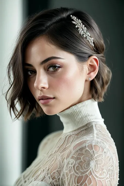 beautiful woman (Ros4S4l4z4r:.99), beautiful hair, (( Shaggy pixie cut)),( ohikaenasutte:1.2)  ((portrait)), (closeup:1.2), ((from the waist up)), (((  A stylish, modern bridal boutique, filled with elegant gowns and contemporary decor ))), natural skin texture, (( Turtleneck Dress  )), 24mm, 4k textures, soft cinematic light, adobe lightroom, photolab, hdr, intricate, elegant, highly detailed, sharp focus, ((((cinematic look)))), soothing tones, insane details, intricate details, hyperdetailed, low contrast, soft cinematic light, exposure blend, hdr, faded, now
