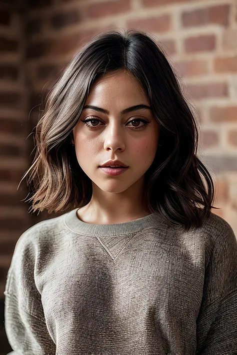 beautiful woman (Ros4S4l4z4r:.99), beautiful hair, ((portrait)), (closeup:1.2), ((from the waist up)), ((( Modern loft apartment with exposed brick ))), natural skin texture, (( sweatshirt )), 24mm, 4k textures, soft cinematic light, adobe lightroom, photolab, hdr, intricate, elegant, highly detailed, sharp focus, ((((cinematic look)))), soothing tones, insane details, intricate details, hyperdetailed, low contrast, soft cinematic light, exposure blend, hdr, faded, now