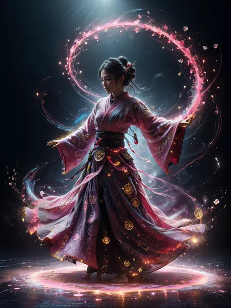 cinematic shot, dynamic lighting, asian woman wearing an kimono ornated with magic symbols, dancing, mad-hrmtcwzrd, dust, light rays, caustics, DonMW15pXL, light smile, cherry blossom, petals <lora:Neon_Cyberpunk_SDXL_Hermetic_Wizard:0.8>  <lora:ArtfullyDERVISHFLOW_SDXL_V1:0.7>  twirl, red, pink<lora:DonMW15pXL:0.6>, masterpiece, best quality, ultra high res, (photorealistic, realistic:1.2), deep shadow, raw photo, film grain, Fujifilm XT3, 8k uhd, dslr
