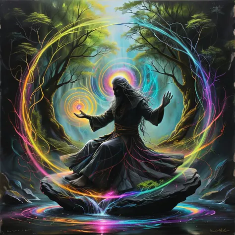 A painting of a man sitting on a rock in the middle of a forest - SeaArt AI