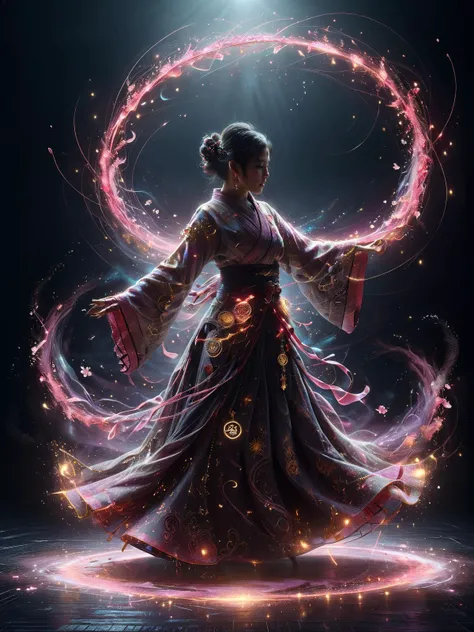cinematic shot, dynamic lighting, asian woman wearing an kimono ornated with magic symbols, dancing, mad-hrmtcwzrd, dust, light rays, caustics, DonMW15pXL, light smile, cherry blossom, petals <lora:Neon_Cyberpunk_SDXL_Hermetic_Wizard:0.8> <lora:ArtfullyDERVISHFLOW_SDXL_V1:0.7> twirl, red, pink<lora:DonMW15pXL:0.6>, masterpiece, best quality, ultra high res, (photorealistic, realistic:1.2), deep shadow, raw photo, film grain, Fujifilm XT3, 8k uhd, dslr