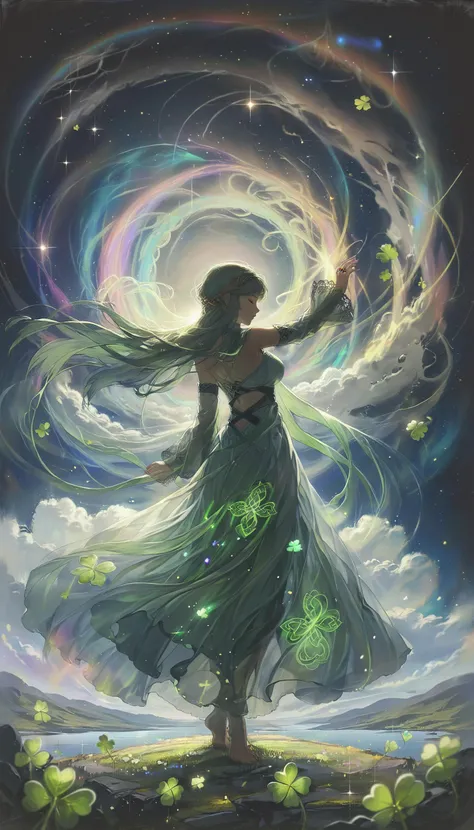 1girl, a celtic goddess, praying, dancing, super model, detailed face, closed eyes, detailed long hair, glow hair, transparent hair, floating hair, wind effect, perfect anatomy, barefoot,
perspective from below,
(Celtic Stone Circle, Celtic cross, Celtic stone, Celtic knots, Celtic spiral patterns, shamrock:1.2), Irish landscape, coastline, cliffs, sea, horizon, ancient Celtic forest, moss carpet, clear blue sky, starry sky, space, nebula, aurora, milky way, shooting star, deep,
break,
twirl effects, ring effects, whirling, (rainbow:1.5), purple, green, gold, (neon), salmon, ink, effects designed by Yoneyama Mai, shiny, sparkling, dimly luminous, realistic lighting, Enhanced Lighting Effects, transparent, rays, god rays, majestic, mythical, [(details:1.2): [ (many small details:1.3) : [ (many ultrasmall details: 1.2):(very detailed ultrasmall edges and microrelief:1.5):0.7 ]: 0.4 ] :0.2],
[thin-pasto:impasto:0.7],
aesthetic, extremely detailed, beautiful color, (amazing quality:1.5), best quality, high quality,
ral-cltc, <lora:ral-cltc:0.9>, escher, <lora:Escher_SDXL:0.2>, <lora:ArtfullyDERVISHFLOW_SDXL_V1:0.6>, <lora:Rella:0.3>, <lora:YoneyamaMai:0.2>, <lora:add-detail-xl:1>,  <lora:xl_more_art-full_v1:0.3>,