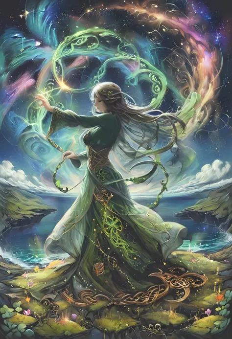 (
by yogisya, by Christine Ellger, by Yoshitaka Amano, by makoto shinkai, by Ilya Kuvshinov,
1girl, a young and beautiful female druid praying, dancing, super model, detailed face, closed eyes, detailed long hair, glow hair, transparent hair, floating hair, wind effect, perfect anatomy, barefoot,
from side,
Celtic Stone Circle, Celtic cross, Celtic stone, Celtic knots, Celtic spiral patterns, shamrock,
BREAK
twirl effects, ring effects, whirling, rainbow, green, gold, neon, ink, effects designed by Yoneyama Mai, shiny, sparkling, dimly luminous, realistic lighting, Enhanced Lighting Effects, transparent, rays, god rays,
majestic, mythical, [(details:1.2): [ (many small details:1.3) : [ (many ultrasmall details: 1.2):(very detailed ultrasmall edges and microrelief:1.5):0.7 ]: 0.4 ] :0.2],
Background:Irish landscape, coastline, cliffs, sea, horizon, ancient Celtic forest, moss carpet,  clear blue sky, starry sky, space, nebula, aurora, milky way, shooting star, deep,
[cel shading:realistic:0.6],
aesthetic, detailed, beautiful color, (amazing quality:1.5), best quality, high quality,
ral-cltc, <lora:ral-cltc:0.9>, escher, <lora:Escher_SDXL:0.3>, <lora:ArtfullyDERVISHFLOW_SDXL_V1:0.5>, <lora:YoneyamaMai:0.2>, <lora:xl_more_art-full_v1:1>, <lora:add-detail-xl:1>, 
:1.2)